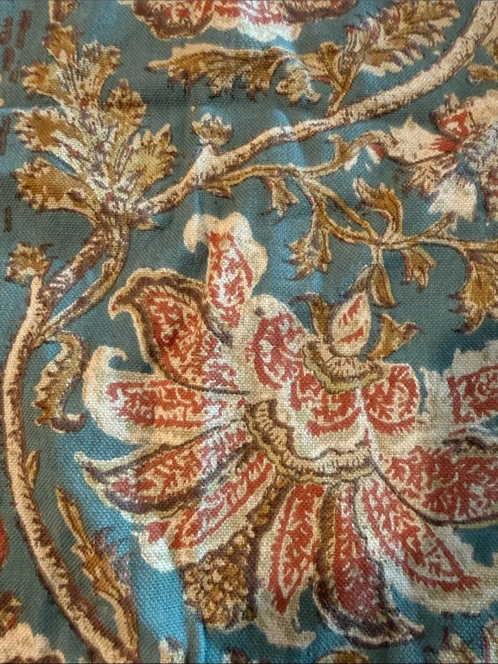 Pottery Barn Teal Floral Accent Pillow Cover with Gold and Rust Motif